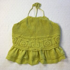 Milk & Honey Womens M Lime Green Crochet Halter Top Ruffle Hem Boho Hippie